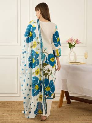 White pure cotton printed kurta trouser dupatta set 2