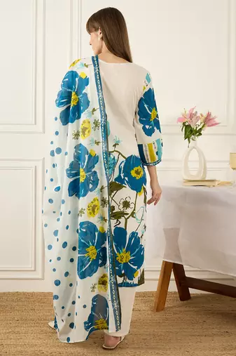 White pure cotton printed kurta trouser dupatta set