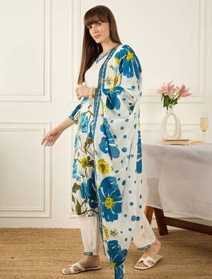 White pure cotton printed kurta trouser dupatta set 3