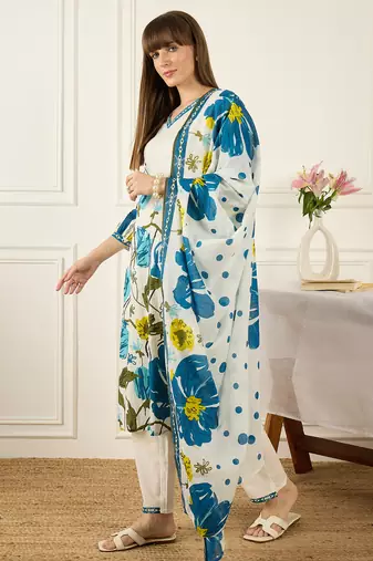 White pure cotton printed kurta trouser dupatta set