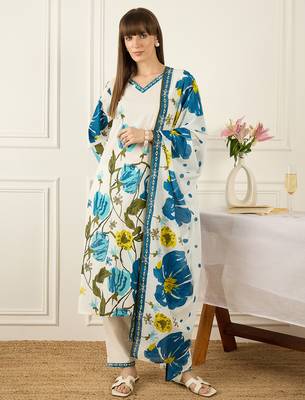 White pure cotton printed kurta trouser dupatta set 4