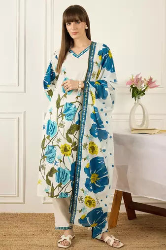 White pure cotton printed kurta trouser dupatta set