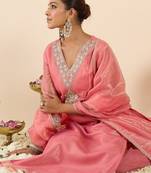 Orange silk blend embroidered kurta trouser dupatta set