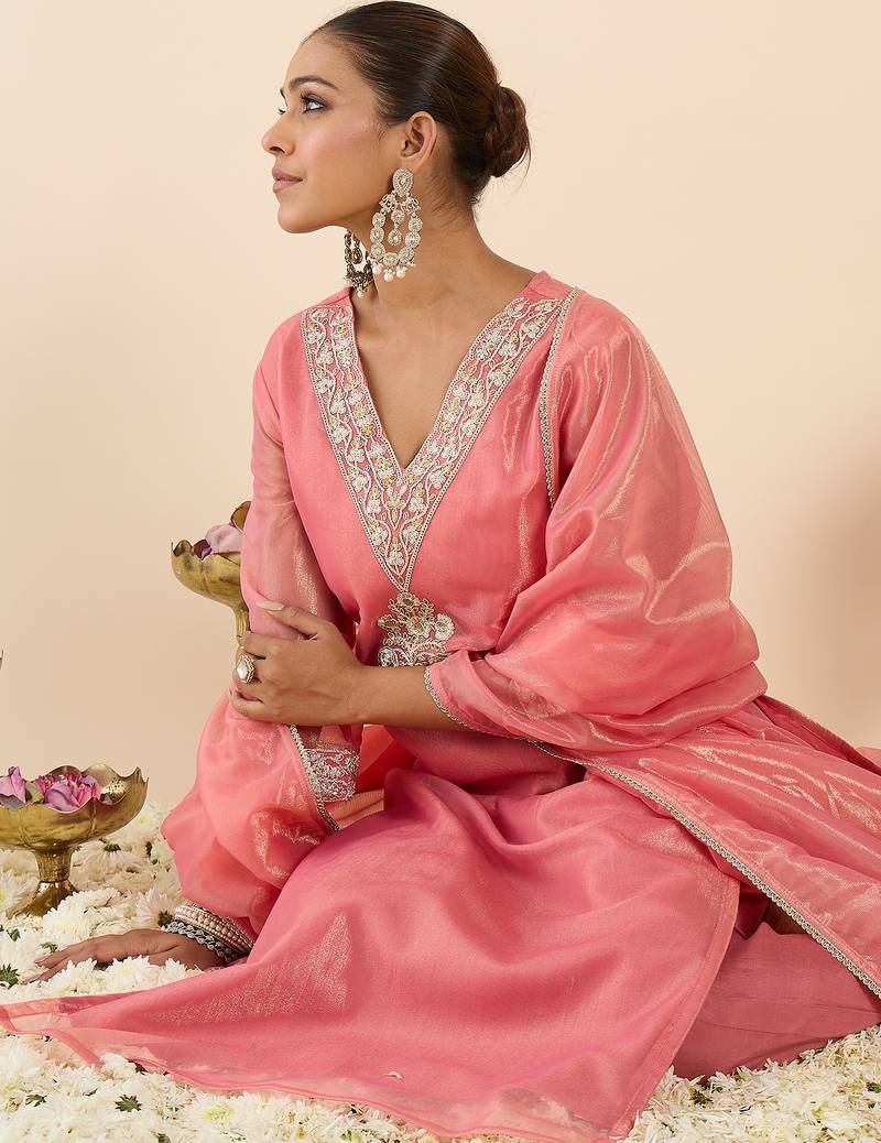 Orange silk blend embroidered kurta trouser dupatta set