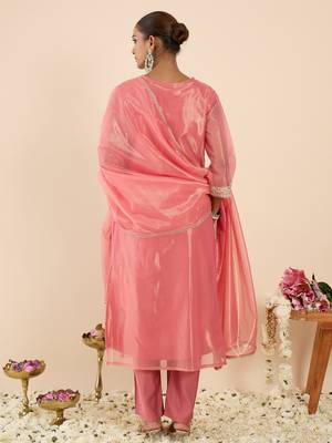 Orange silk blend embroidered kurta trouser dupatta set 2