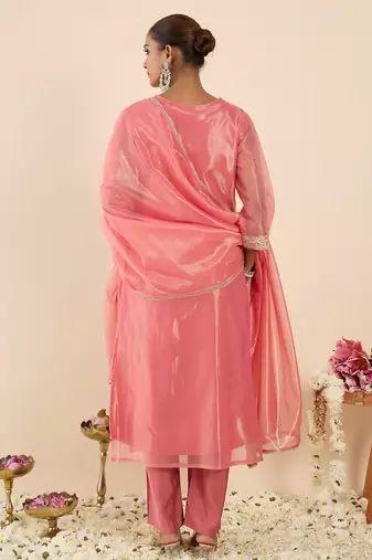 Orange silk blend embroidered kurta trouser dupatta set