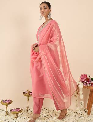 Orange silk blend embroidered kurta trouser dupatta set 3