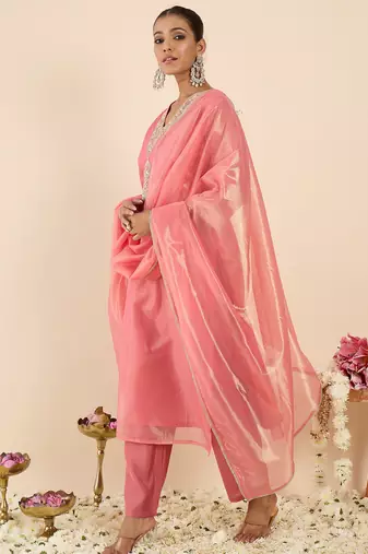 Orange silk blend embroidered kurta trouser dupatta set