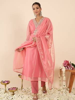 Orange silk blend embroidered kurta trouser dupatta set 4