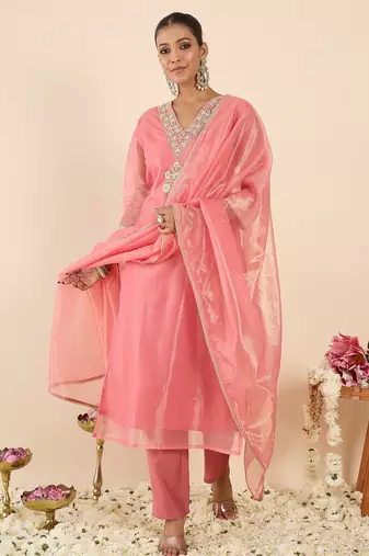 Orange silk blend embroidered kurta trouser dupatta set