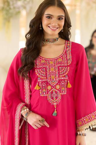 Pink organza embroidered kurta trouser dupatta set