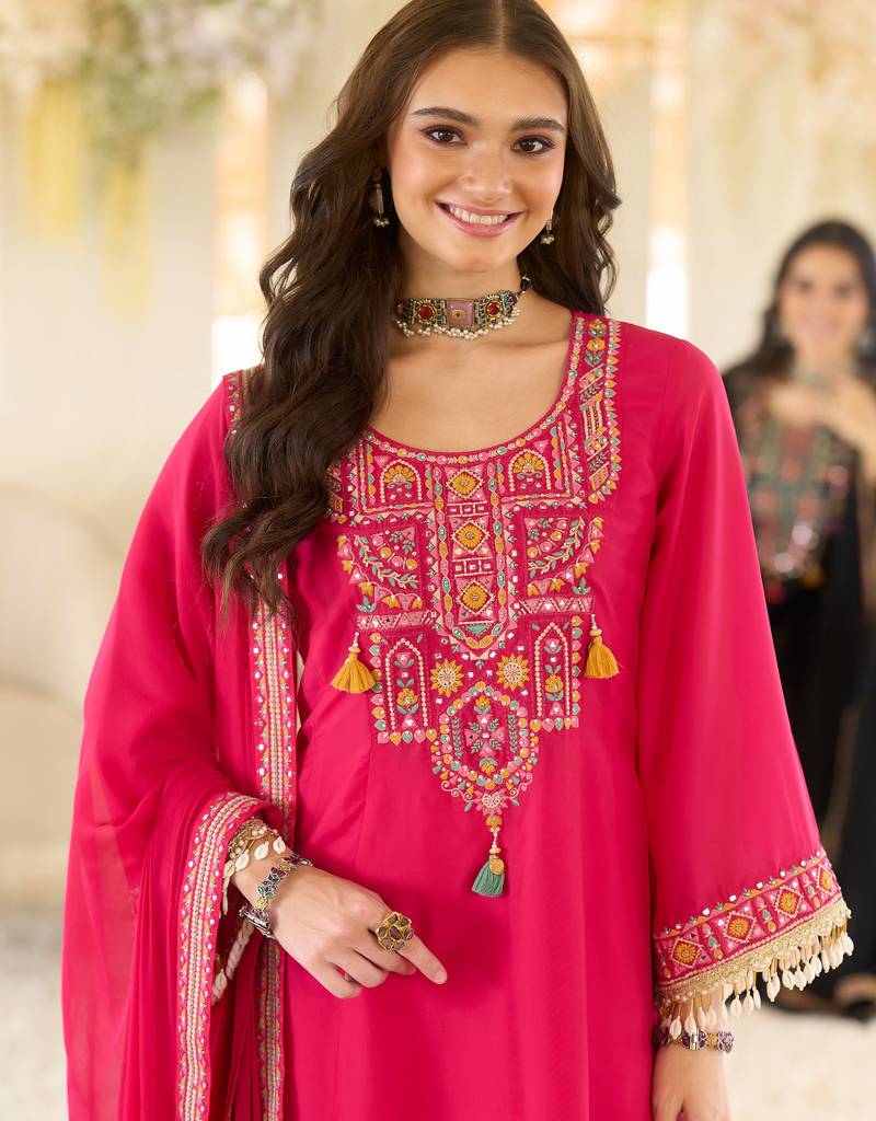 Pink organza embroidered kurta trouser dupatta set