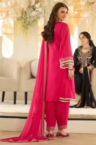 Pink organza embroidered kurta trouser dupatta set