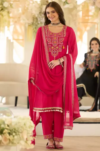 Pink organza embroidered kurta trouser dupatta set