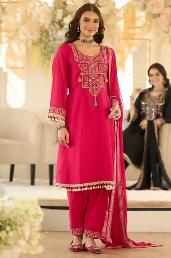 Pink organza embroidered kurta trouser dupatta set