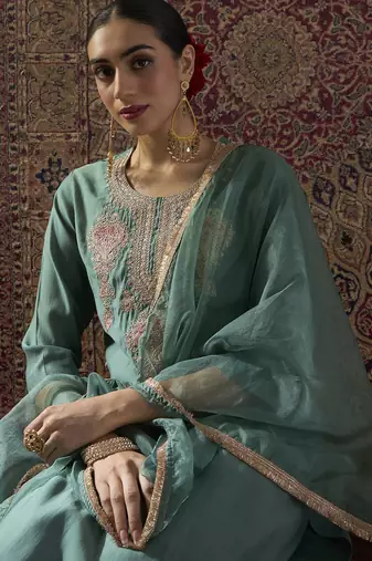 Sea green silk blend embroidered kurta trouser dupatta set