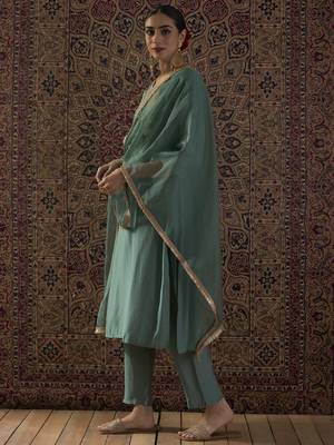 Sea green silk blend embroidered kurta trouser dupatta set 3