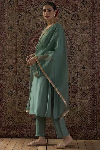 Sea green silk blend embroidered kurta trouser dupatta set