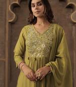 Green silk blend embroidered kurta trouser dupatta set