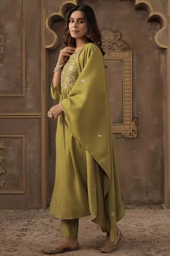 Green silk blend embroidered kurta trouser dupatta set