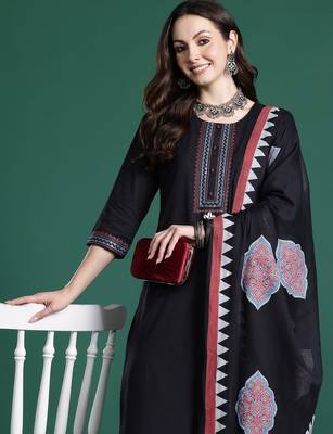 Black pure cotton printed kurta trouser dupatta set 1