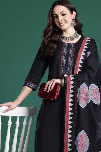 Black pure cotton printed kurta trouser dupatta set