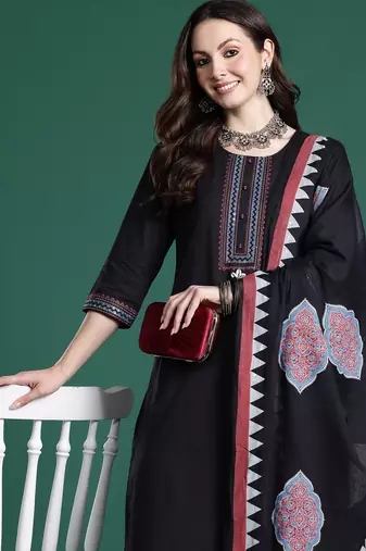 Black pure cotton printed kurta trouser dupatta set