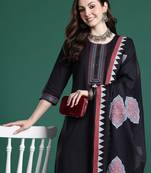 Black pure cotton printed kurta trouser dupatta set