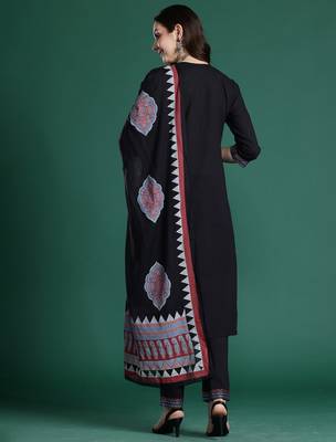 Black pure cotton printed kurta trouser dupatta set 2