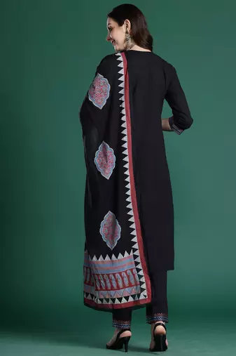 Black pure cotton printed kurta trouser dupatta set