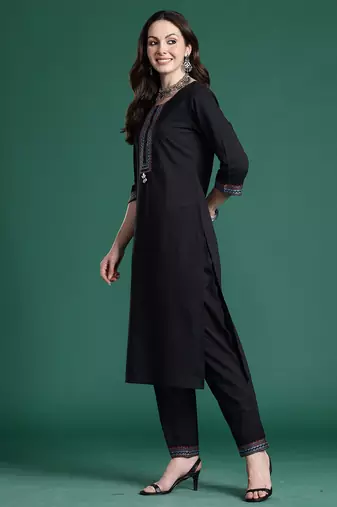 Black pure cotton printed kurta trouser dupatta set