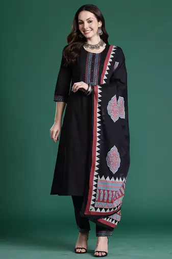 Black pure cotton printed kurta trouser dupatta set
