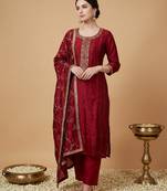 Maroon silk blend embroidered kurta trouser dupatta set