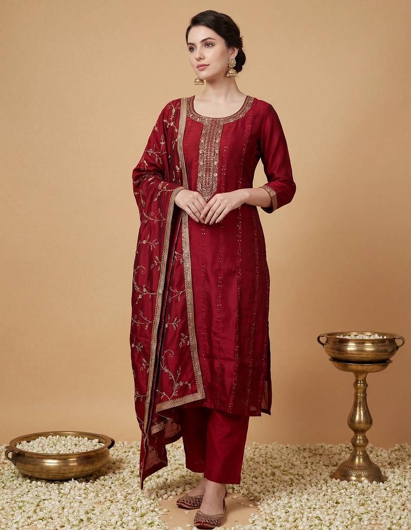 Maroon silk blend embroidered kurta trouser dupatta set