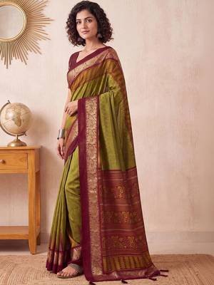 Olive ethnic motifs zari silk blend designer saree 1
