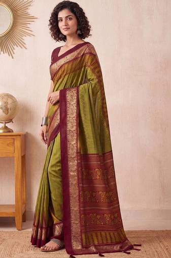 Olive ethnic motifs zari silk blend designer saree
