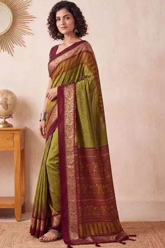 Olive ethnic motifs zari silk blend designer saree