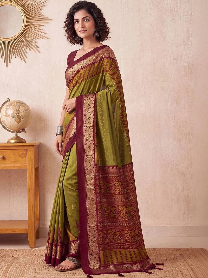 Olive ethnic motifs zari silk blend designer saree