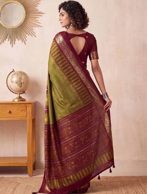 Olive ethnic motifs zari silk blend designer saree 2