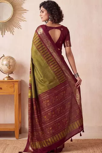 Olive ethnic motifs zari silk blend designer saree