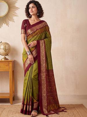 Olive ethnic motifs zari silk blend designer saree 3
