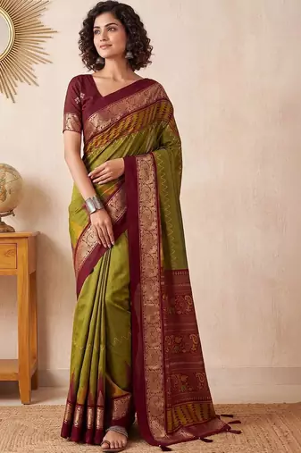 Olive ethnic motifs zari silk blend designer saree