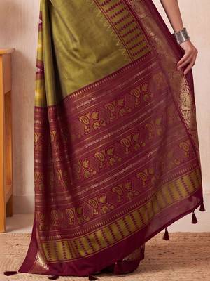 Olive ethnic motifs zari silk blend designer saree 5
