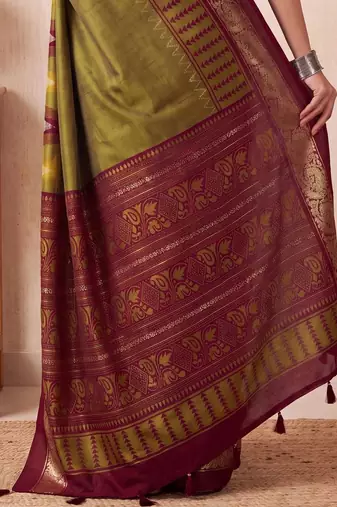 Olive ethnic motifs zari silk blend designer saree