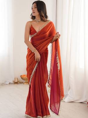 rust satin saree with blouse 1