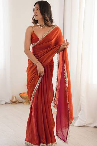 rust satin saree with blouse