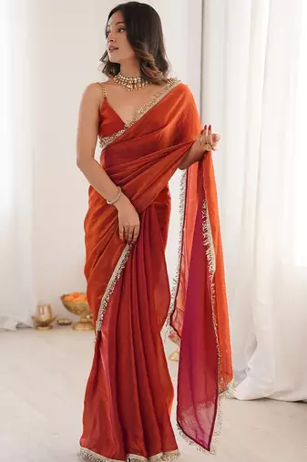 rust satin saree with blouse