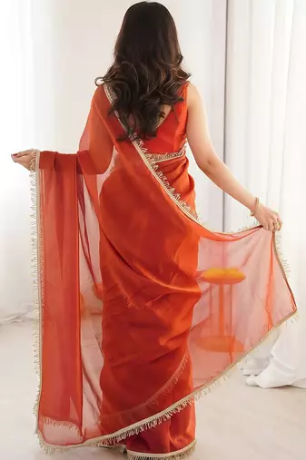 rust satin saree with blouse