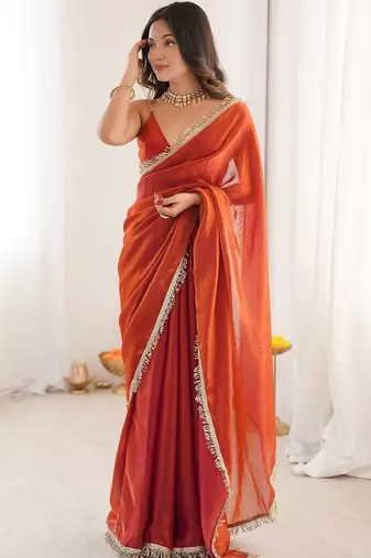 rust satin saree with blouse