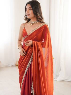 rust satin saree with blouse 4